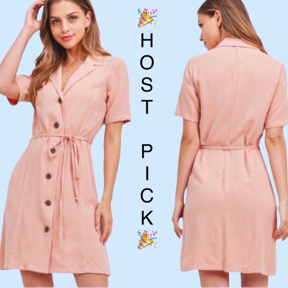 Dresses & Skirts - Peach Blush Button Up V-neck Tie Waist Dress